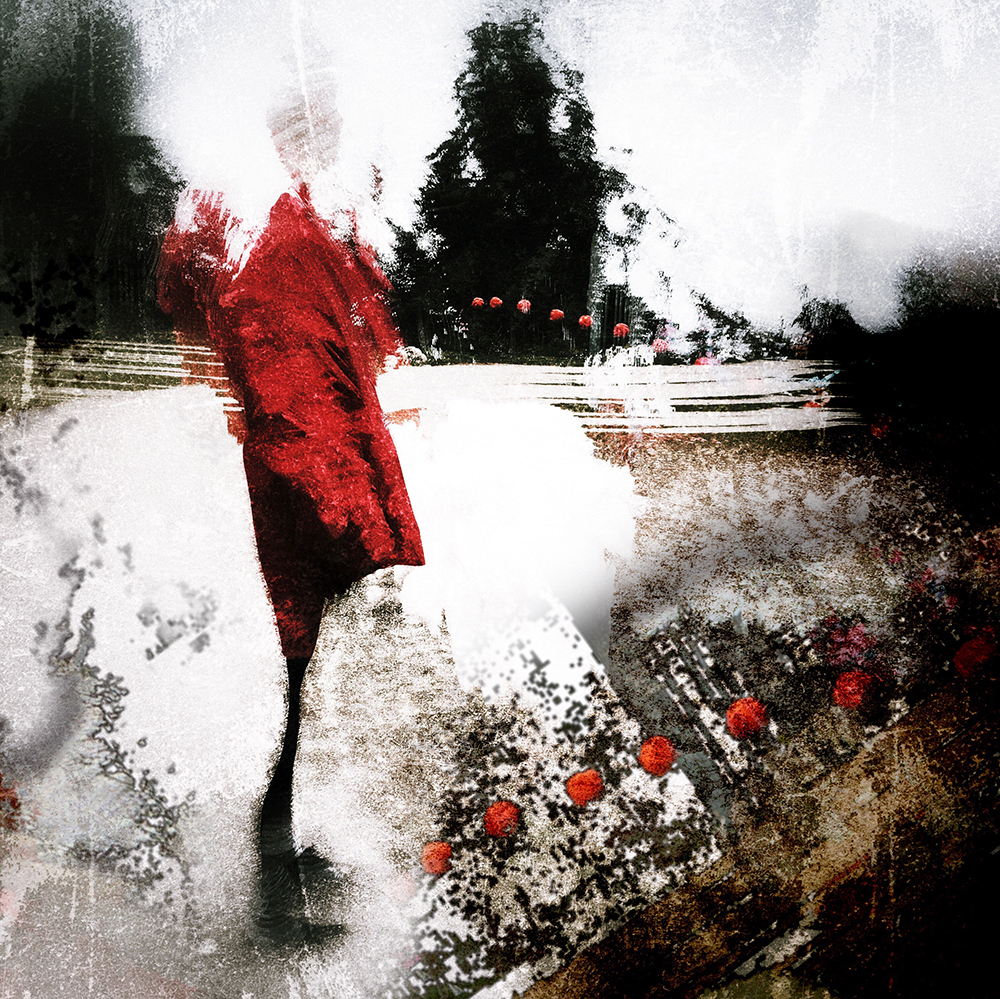 woman in a red coat next to a bouncing red ball